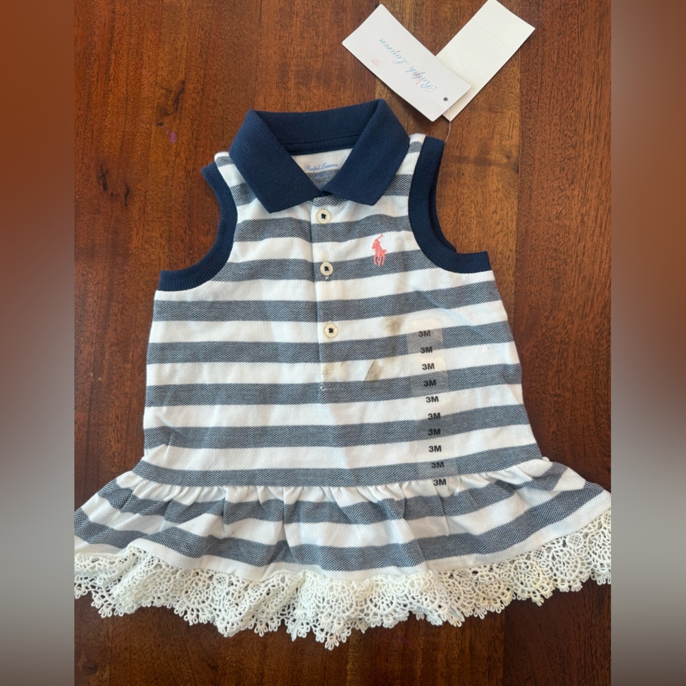 Ralph Lauren Navy & White Striped Polo Dress with Coral Logo
